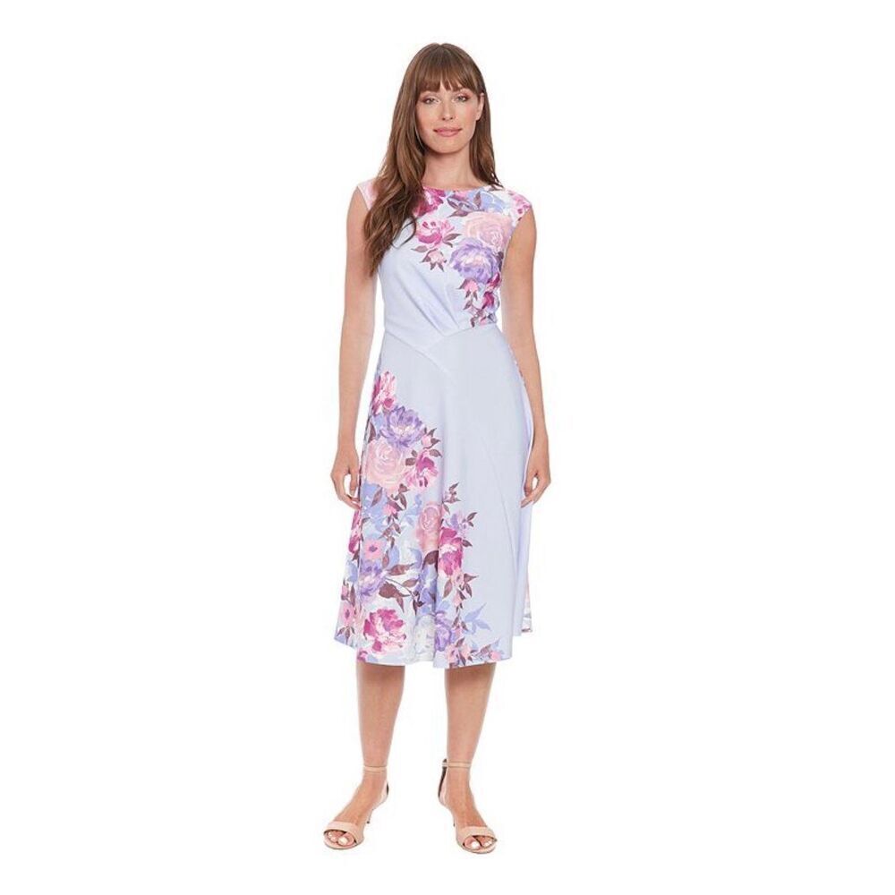 London Times Floral Asymmetrical Waist Seem Fit & Flare Dress Size 16W